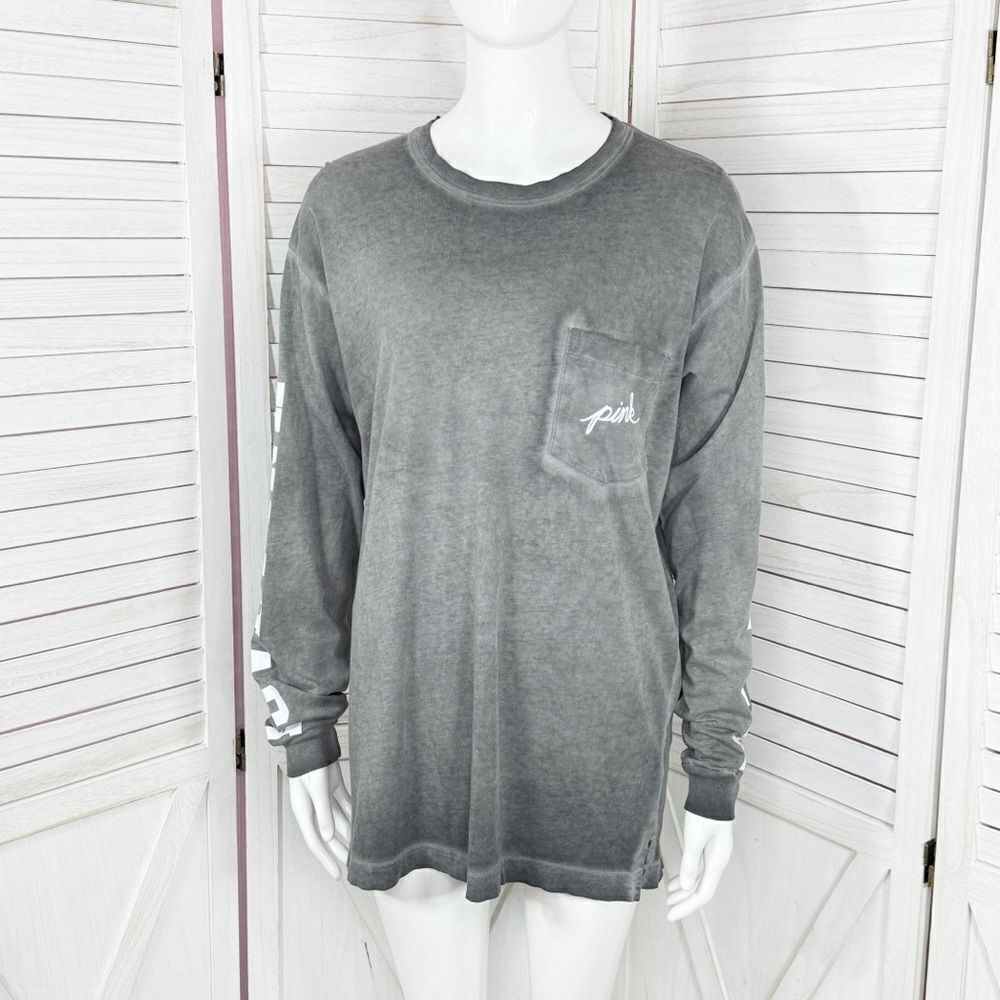 Pink by Victoria’s Secret Vintage Wash Long Sleeve Pocket‎ Tee Shirt Grey Small